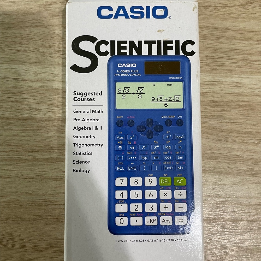 Casio Calculator Packaging — Blue with White and Gray Accents